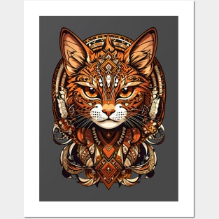 Serious Brown Cat retro vintage tribal art fusion design Posters and Art